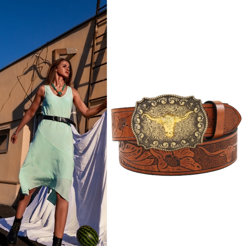 CH* Vintage Western Belt Longhorn Bull Belt Metal Buckle Belt Jeans Belt Cowboy Belt