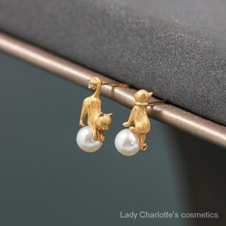 GiftJapanese Niche Senior Designer Brand 925 Silver Needle Fun and Cute Asymmetric Cat Pearl Stud Earrings ZNIA