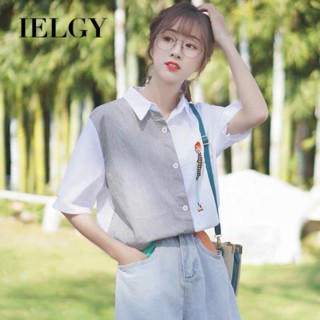 IELGY เสื้อเชิ้ตผู้หญิง สไตล์ฮ่องกง ลายทาง แขนสั้น สไตล์เกาหลี หลวม เสื้อเชิ้ต ไม่สมมาตร