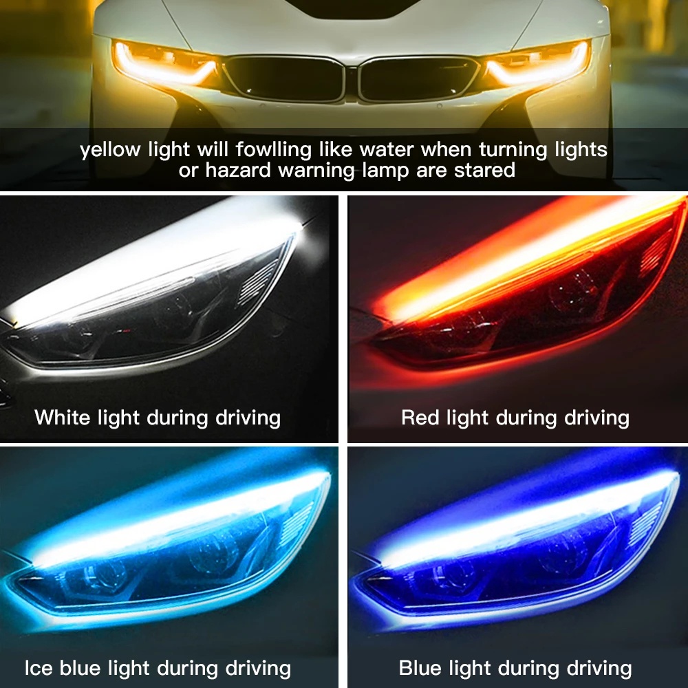 2 แพ ็ ค LED DRL รถไฟวิ ่ งกลางวันยืดหยุ ่ นแถบกันน ้ ําไฟหน ้ ารถสีขาวเลี ้ ยวไฟสีเหลืองไหล 12V