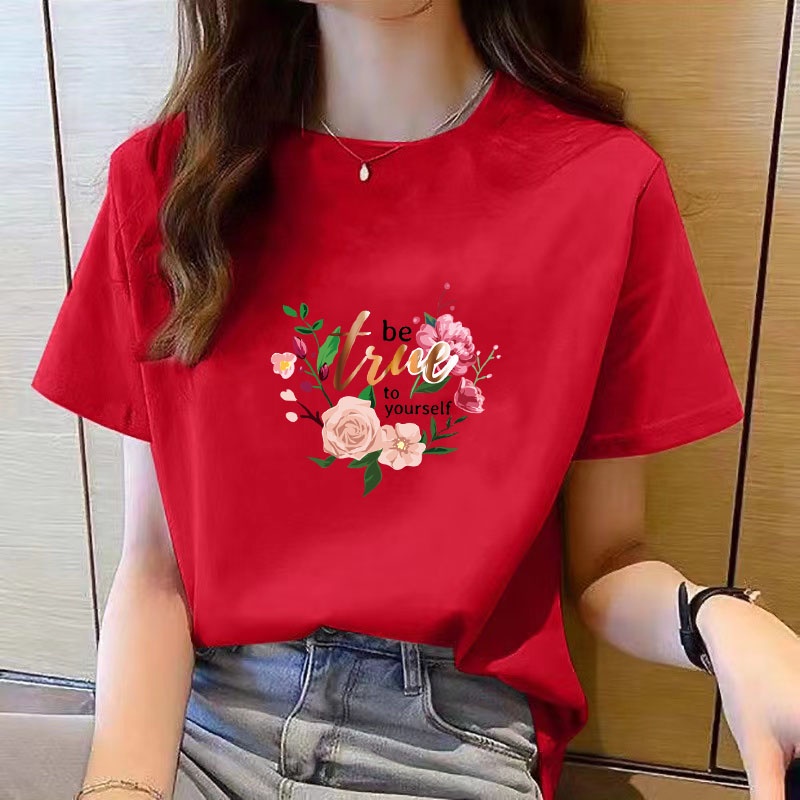 เสื้อยืดคอกลม แขนสั้น พิมพ์ลาย ทรงหลวม สไตล์เกาหลี แฟชั่นสําหรับผู้หญิง