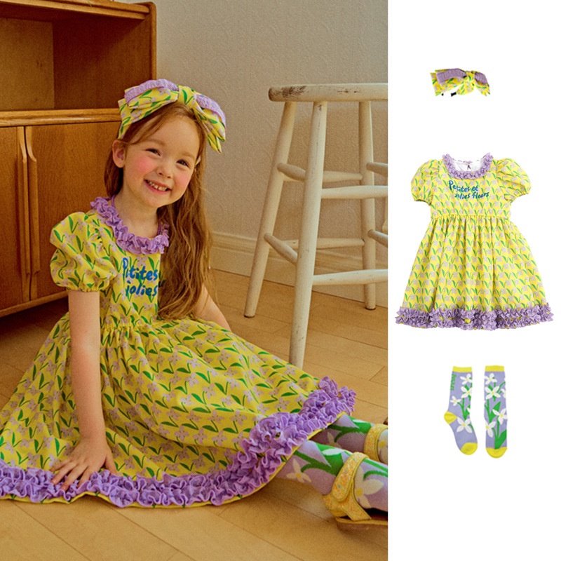 【พร้อมส่ง size 90/100/140】Iris kids IKD071-IKH071-IKS076 Violet Lily yellow dress-hair band-sock เดรส ที่คาดผม