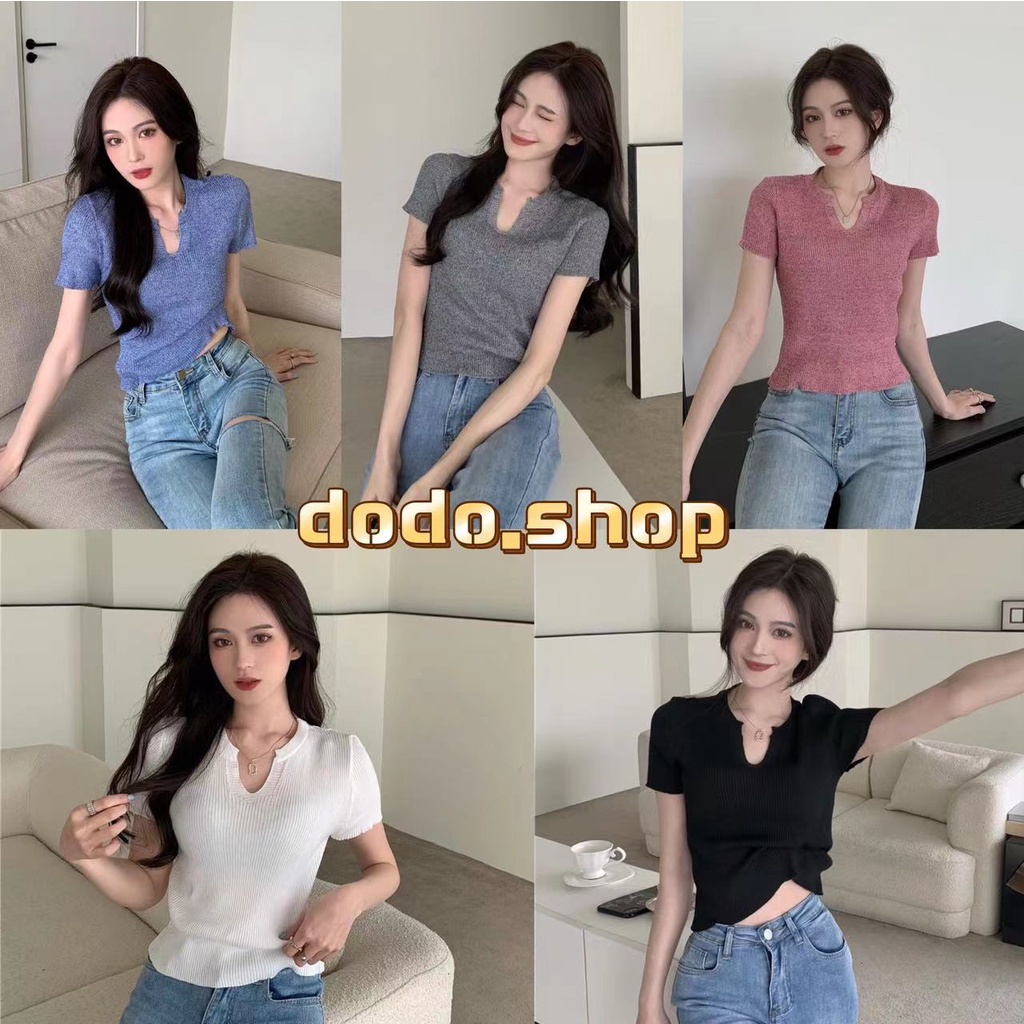 DODO*พร้อมส่ง*เสื้อไหมพรมแขนสั้น  เสื้อยืดคอวีv คอวี ผ้าบาง ใส่สบาย（3799）