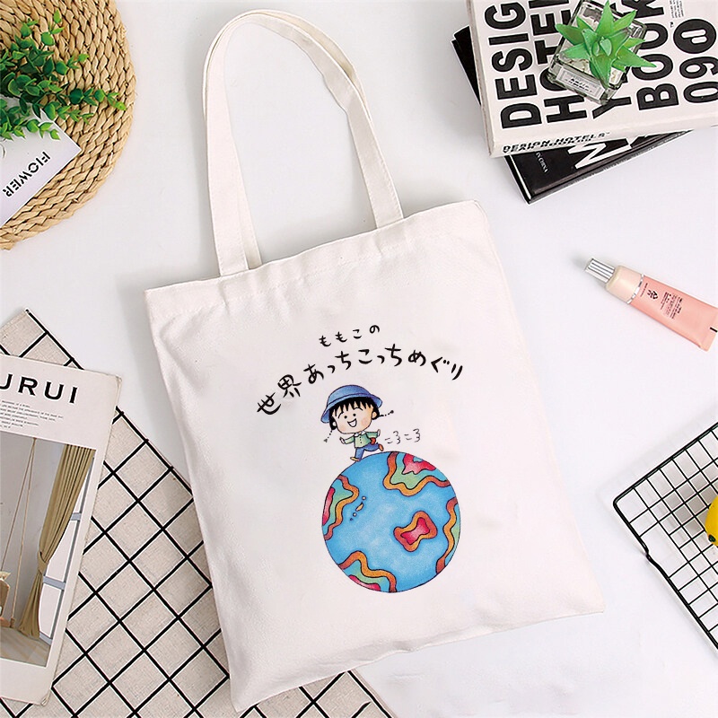 Chibi Maruko Chan กระเป๋าสะพายไหล่ กระเป๋าช้อปปิ้ง ขนาดใหญ่ จุของได้เยอะ พิมพ์ลาย นํากลับมาใช้ใหม่ได้ แฟชั่นสําหรับผู้หญิง