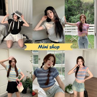 Mini shop🌸พร้อมส่ง🌸 (13101) เสื้อไหมพรมแขนสั้น คอกลม ลายไล่สีพาสเทลน่ารักมาก -C