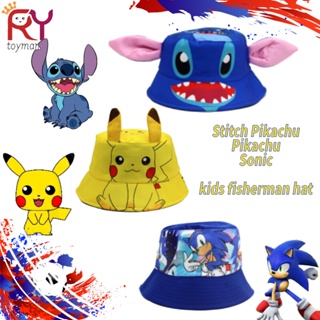 หมวกเบสบอล พิมพ์ลายการ์ตูน Stitch Pikachu 3 มิติ ป้องกันแดด สีฟ้า สไตล์ชาวประมง สําหรับเด็กผู้ชาย และเด็กผู้หญิง