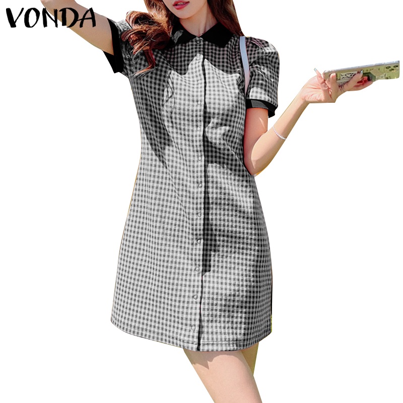 Vonda ชุดเดรส แขนสั้น คอปก ลายสก๊อต สีพื้น สไตล์เกาหลี สําหรับผู้หญิง