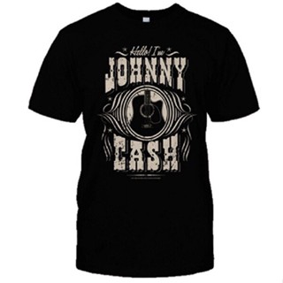 เสื้อยืดแขนสั้น ผ้าฝ้าย แบบเข้ารูป พิมพ์ลาย Johnny Cash s Hello Im Johnny สีดํา สําหรับผู้ชาย