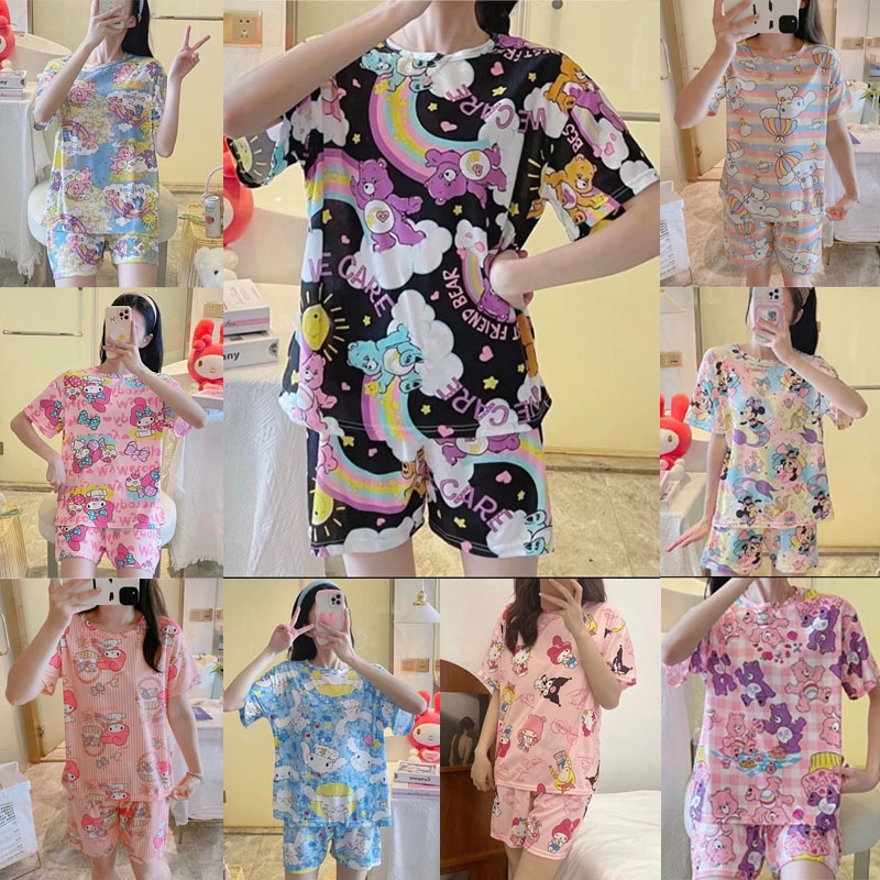 Fashion-TH ชุดนอนผู้หญิง คอกลมเสื้อแขนสั้น ขาสั้น ลายการ์ตูน ผ้าคอตตอน เนื้อผ้านิ่ม ใส่สบาย ชุดนอน