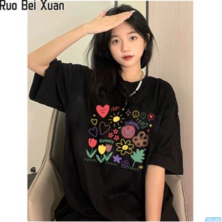 RUO BEI XUAN   สตรีแขนสั้นบล็อกสี Raglan พิมพ์หลวมแขนสั้นเสื้อยืด