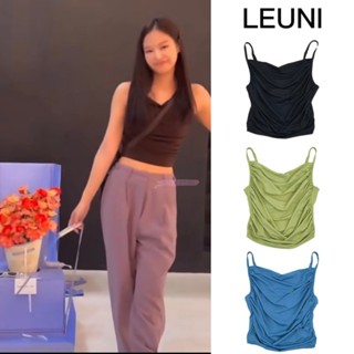 [SR-STUDIO] Leuni พร้อมส่ง เสื้อสายเดี่ยวสั้น จับจีบ สีพื้น สไตล์ฝรั่งเศส