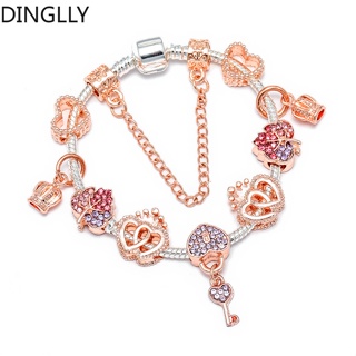 Dinglly สร้อยข้อมือ จี้รูปหัวใจ ล็อก และกุญแจ มงกุฎ จี้ อัลลอย สีโรสโกลด์ เครื่องประดับ สําหรับผู้หญิง Diy