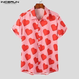 Incerun เสื้อเชิ้ตแขนสั้น พิมพ์ลายหัวใจ แฟชั่นสําหรับผู้ชาย