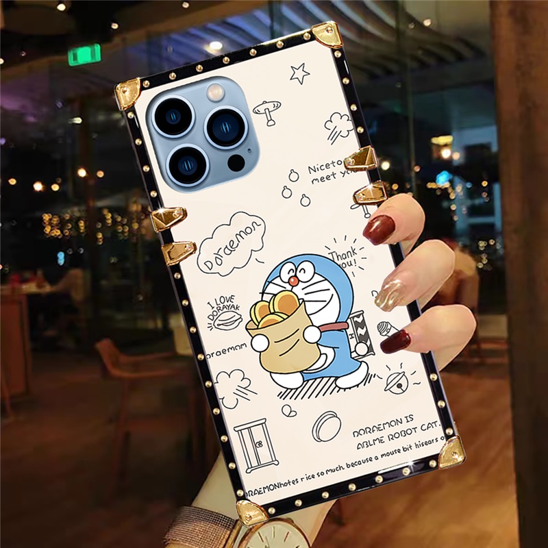 ปลอก Iphone 15 Pro Max 17 Air 16 16e 14 13 12 11 การ์ตูนน่ารักโดราเอมอนเคสโทรศัพท์ทรงสี่เหลี่ยม