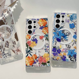 เคสโทรศัพท์มือถือแบบใส แม่เหล็ก กันกระแทก สีเหลือง หรูหรา สําหรับ Samsung S22 S23 Plus S23 Ultra 5G