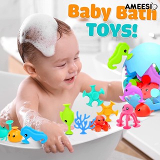 Ameesi ของเล่นเด็ก ตุ๊กตาปลาวาฬ ปลาหมึก ปู ปลาหมึก แบบนิ่ม สีสันสดใส ดูดสุญญากาศ สําหรับอาบน้ํา 1 ชุด