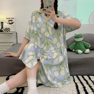 Summer new ice silk nightdress for women Feminine sweet short-sleeved pajama dress