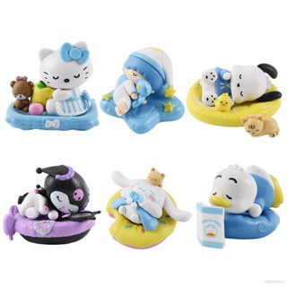 Ns3 โมเดลฟิกเกอร์ Sanrio Sleeping Kuromi Kitty Cinnamoroll Pachacco ของเล่นสําหรับเด็ก เก็บสะสม ของขวัญ 6 ชิ้น