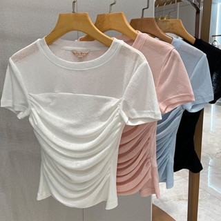 Zhuo Ya Aiwei 2023 Summer New Womens All-match Elegant Short-sleeved Slim-fit Pleated T-shirt Womens Top