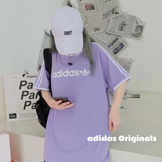 Adidas ของแท้ 100% เสื้อยืดลําลอง แขนสั้น คอกลม พิมพ์ลายโลโก้ โอเวอร์ไซซ์ คลาสสิก สําหรับสตรี