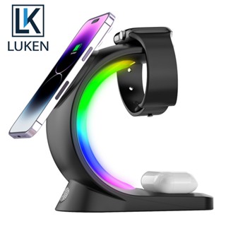 Luken 5in1 ที่ชาร์จแม่เหล็กไร้สาย RGB 15W สําหรับ Iph XS XR 11 12 13 14 Pro Max Airp Pro App Watch Stand