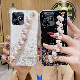 ใหม่ เคสป้องกันโทรศัพท์มือถือซิลิโคน แบบนิ่ม ลายกากเพชร มีสายคล้องประดับไข่มุก สําหรับ Realme C53 C55 NFC 2023 C53