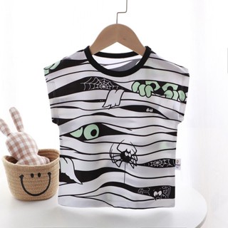 พร้อมส่ง เสื้อยืดแขนกุด พิมพ์ลายการ์ตูน สไตล์เกาหลี แฟชั่นฤดูร้อน สําหรับเด็กผู้ชาย และเด็กผู้หญิง