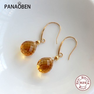 Panaoben♥ ต่างหูเงิน 925 รูปหยดน้ํา ประดับคริสตัล สีเหลือง เครื่องประดับ สําหรับผู้หญิง