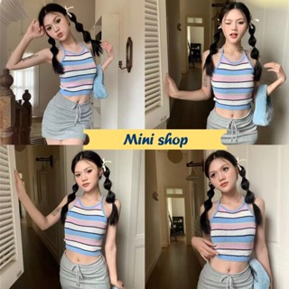 Mini shop🌸พร้อมส่ง🌸 (22051) เสื้อสายเดี่ยว เสื้อคล้องคอ ผ้าไหมพรม สีพาสเทลลายทาง  -C