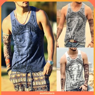 Austinstore เสื้อกล้าม แขนกุด พิมพ์ลายช้าง ทรงหลวม สไตล์วินเทจ ฤดูร้อน สําหรับผู้ชาย เพาะกาย