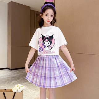 Kuromi ชุดเสื้อแขนสั้น กระโปรงพลีท แบบนิ่ม ทรงหลวม ลายอนิเมะ Sanrios Kawaii Y2K ใส่สบาย แฟชั่น สําหรับเด็กผู้หญิง นักเรียน