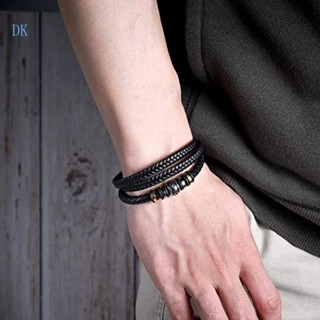 Dk สร้อยข้อมือหนังถัก สองแถว แม่เหล็กปิด สายรัดข้อมือ โลหะผสม หลายชั้น กําไลข้อมือแฟชั่น เครื่องประดับสําหรับผู้ชาย ลูกชาย