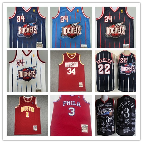 เสื้อบาสเก็ตบอลปัก Rockets Olajuwon McGrady 76ers Iverson Retro version Jersey Vest