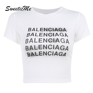 Sweeticme ใหม่ เสื้อยืดครอป คอกลม แขนสั้น พิมพ์ลายตัวอักษร แฟชั่นสําหรับผู้หญิง 2023