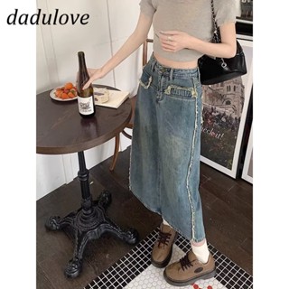 DaDulove💕 New Korean Version of INS Retro Raw Edge Denim Skirt Niche High Waist A- line Skirt Package Hip Skirt