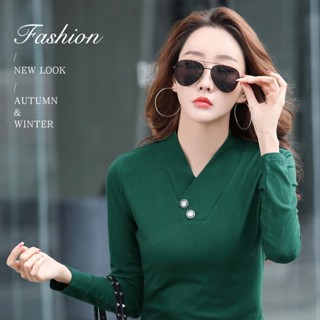 CCCC เสื้อยืดสีขาวแขนยาว  ลายหยิบแนวตั้งสไตล์เกาหลีสำหรับผู้หญิง