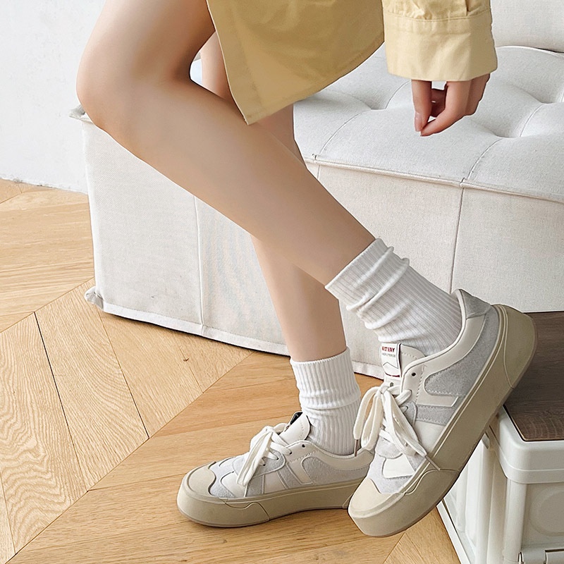 ถุงเท้าสตรีลายทางสไตล์เกาหลี ถุงเท้าผ้าฝ้ายสีทึบ สวมใส่สบาย สามารถเลือกสีได้ 6 สี - รูปที่ 3