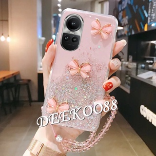 เคสโทรศัพท์มือถือเจลนิ่ม ลายผีเสื้อ 3D แต่งกลิตเตอร์ พร้อมสายคล้องมือ สําหรับ OPPO Reno10 Pro Plus Pro+ 5G Reno 10 10Pro Reno10Pro+