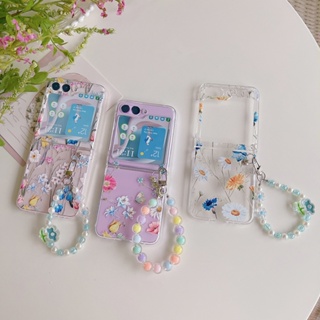 เคสโทรศัพท์มือถือ pc แบบแข็ง กันกระแทก ลายดอกไม้ พร้อมสายคล้องมือ สําหรับ Samsung Galaxy Z Flip 5 5G Z Flip5