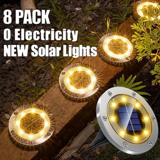 ไฟสีส้ม Solar Garden Light 8LED โคมไฟตกแต่งสนามหญ้า ฝังพื้นโซล่าเซลล์ *