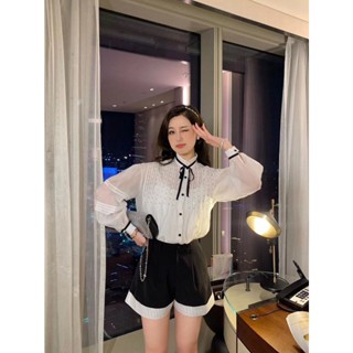 BYZR MIU MIU 23 spring and summer new heavy industry beaded lace-up suspender shirt high waist curling shorts aging all-match suit