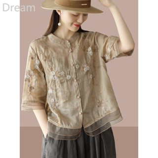 Summer new retro artistic embroidery Ramie shirt Womens stitching organza shirt Chinese style shirt