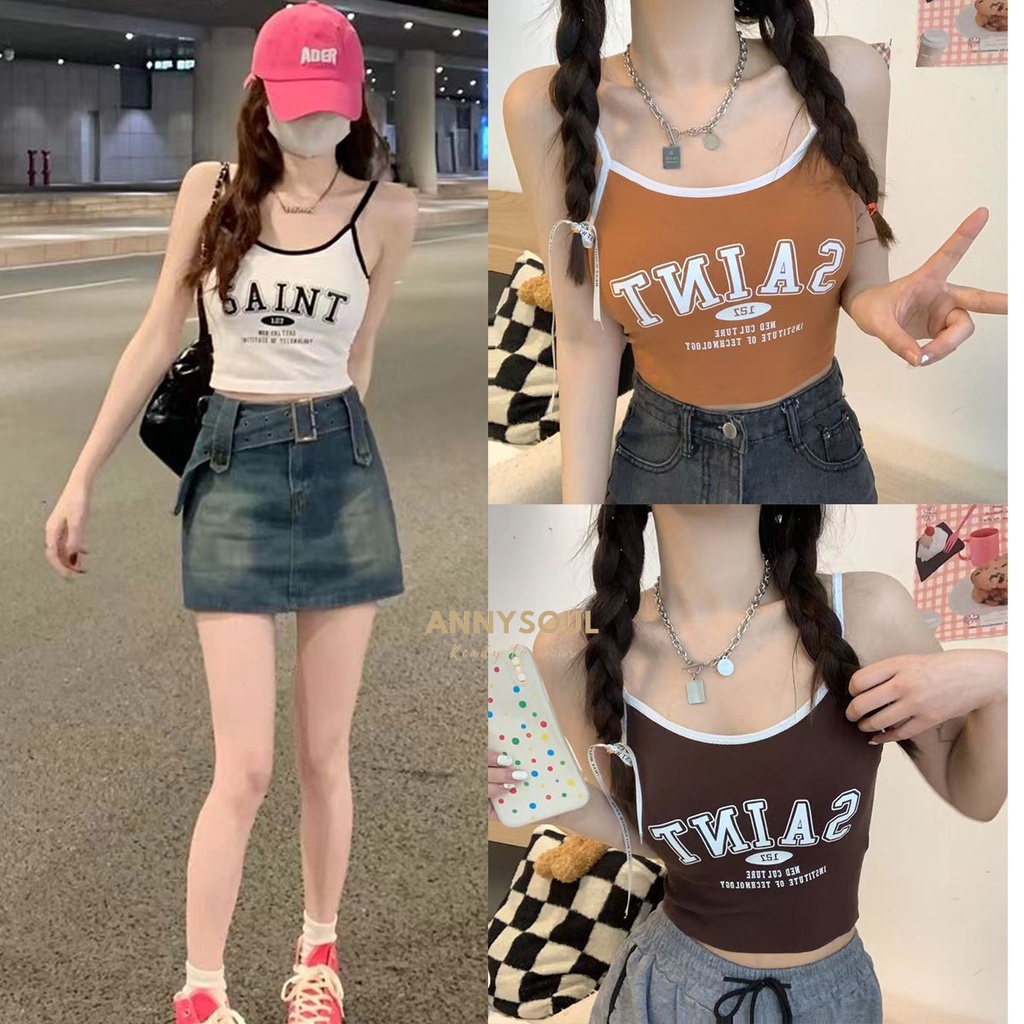 Fulllove เสื้อกล้ามผู้หญิง เสื้อครอปสีชมพู สายเดี่ยว แนว y2k แขนกุดแบบครอป crop top