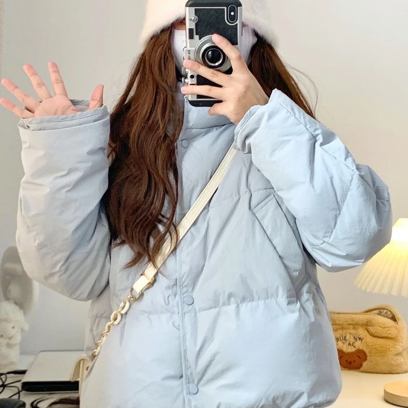 เสื้อแจ็กเก็ต ผ้าฝ้าย ตัวสั้น สีฟ้า แฟชั่นฤดูหนาว สไตล์เกาหลี สําหรับผู้หญิง