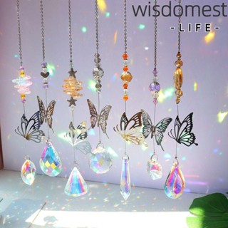 WISDOMEST กระดิ่งลม ประดับจี้คริสตัล รูปผีเสื้อ สีรุ้ง สําหรับตกแต่งสวน หน้าต่าง