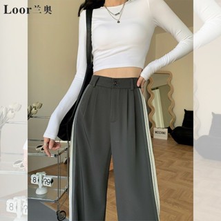 มาแรง | กางเกงขากว้าง เอวสูง ทรงหลวม ลายทาง สีเทา