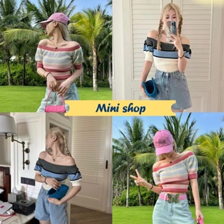 Mini shop🌸พร้อมส่ง🌸 (V58) เสื้อไหมพรมแขนสั้น เปิดไหล่ ลายทาง2สี