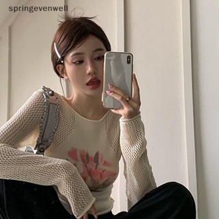 [springevenwell] ใหม่ พร้อมส่ง เสื้อยืดครอปท็อป คอกลม แขนยาว ผ้าถัก ลายดอกไม้ สไตล์เรโทร สําหรับผู้หญิง