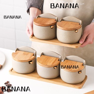 Banana1 หม้อปรุงรส ฝาไม้เกลือ หม้อเก็บเครื่องปรุง ไม้ไผ่ เรียบง่าย เซรามิก น้ําตาล กล่องปรุงรส ครัว