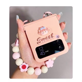 เคสโทรศัพท์มือถือ ป้องกันเต็มเครื่อง ปิดด้านหลัง ประดับลูกปัด ลายดอกไม้ 3D สีชมพู พร้อมสายโซ่คล้องมือ แฟชั่น สําหรับ Samsung Galaxy Z Flip 5 4 3 zflip5 flip4 5G